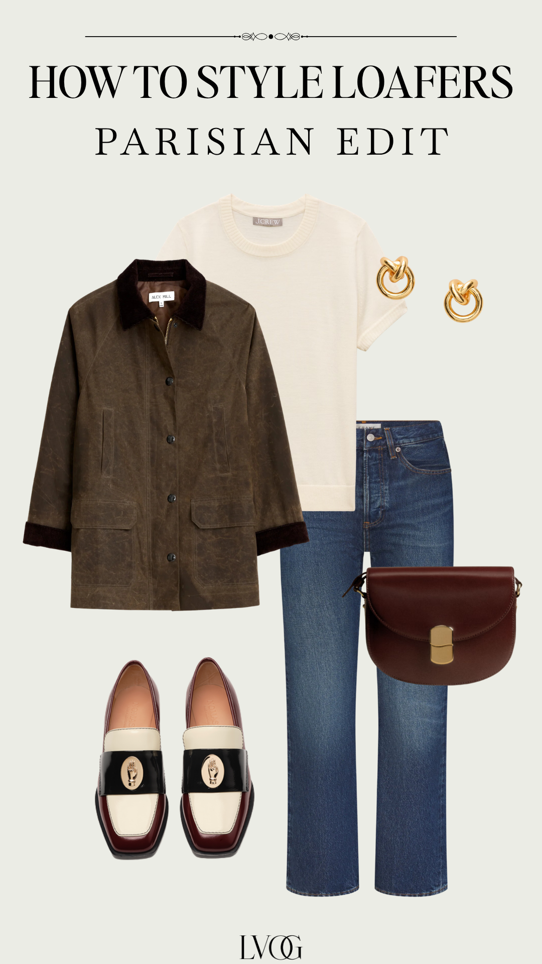 Olive barn jacket, cream tee, and straight-leg jeans with oxblood color-block loafers, Parisian fall outfit