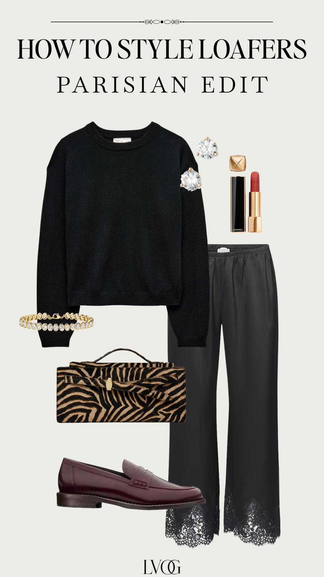 Black knit and satin lace-hem trousers with burgundy penny loafers and a zebra clutch for evening.