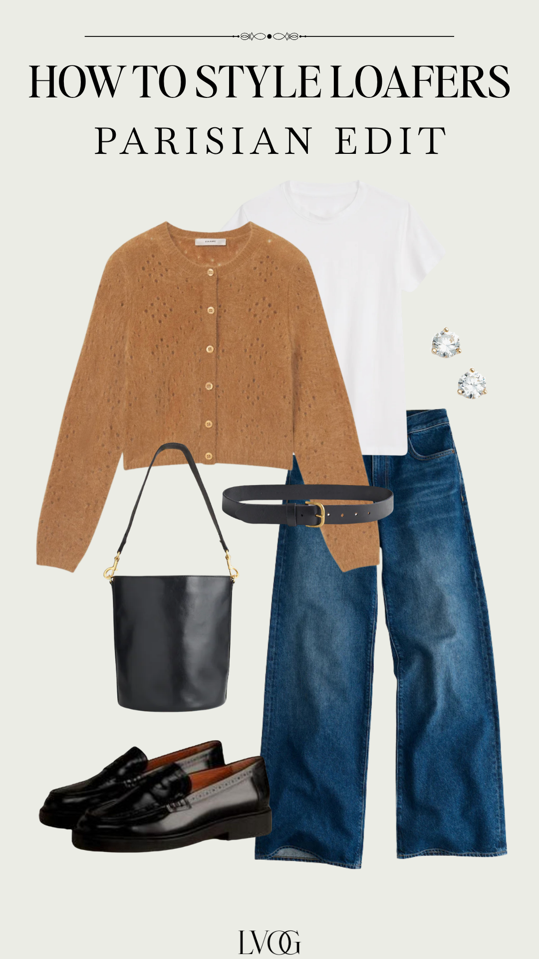 Camel cardigan and wide-leg jeans with black leather penny loafers and a bucket bag, casual Parisian style.