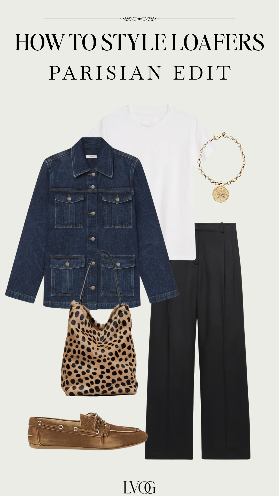 Denim jacket and black wide-leg trousers with a leopard bag and tan suede loafers, Parisian style.