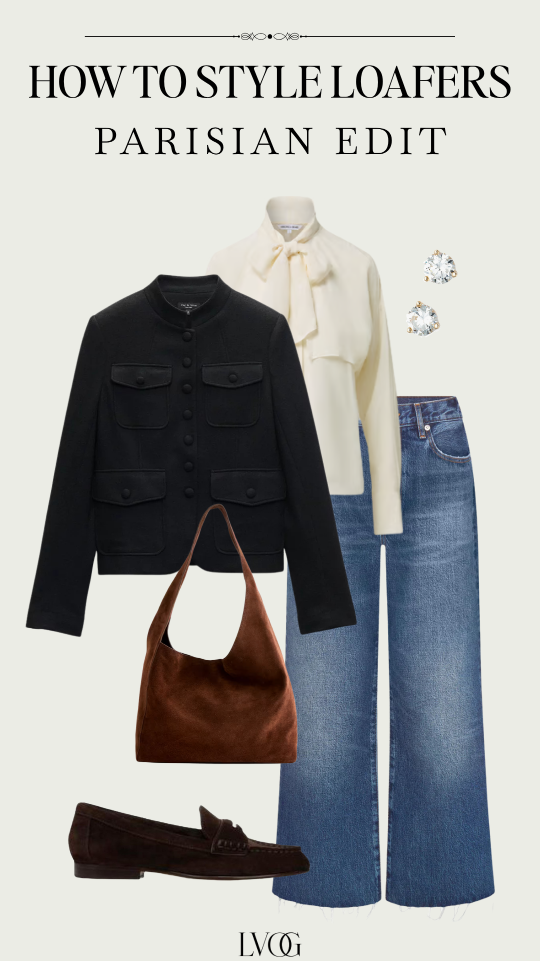 Black military jacket and wide-leg jeans with brown suede penny loafers and a bow tie blouse, Parisian look.