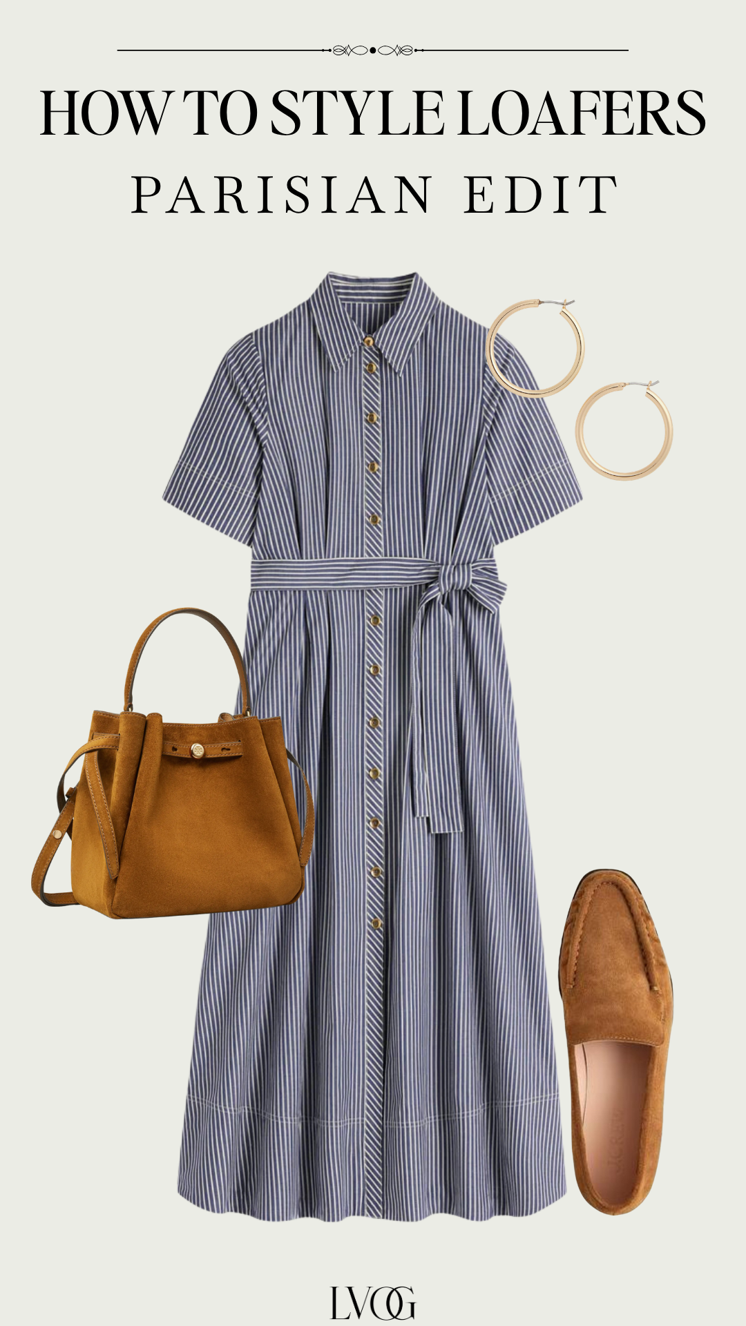 Blue striped shirt dress with tan suede loafers and a suede bucket bag, Parisian summer outfit.
