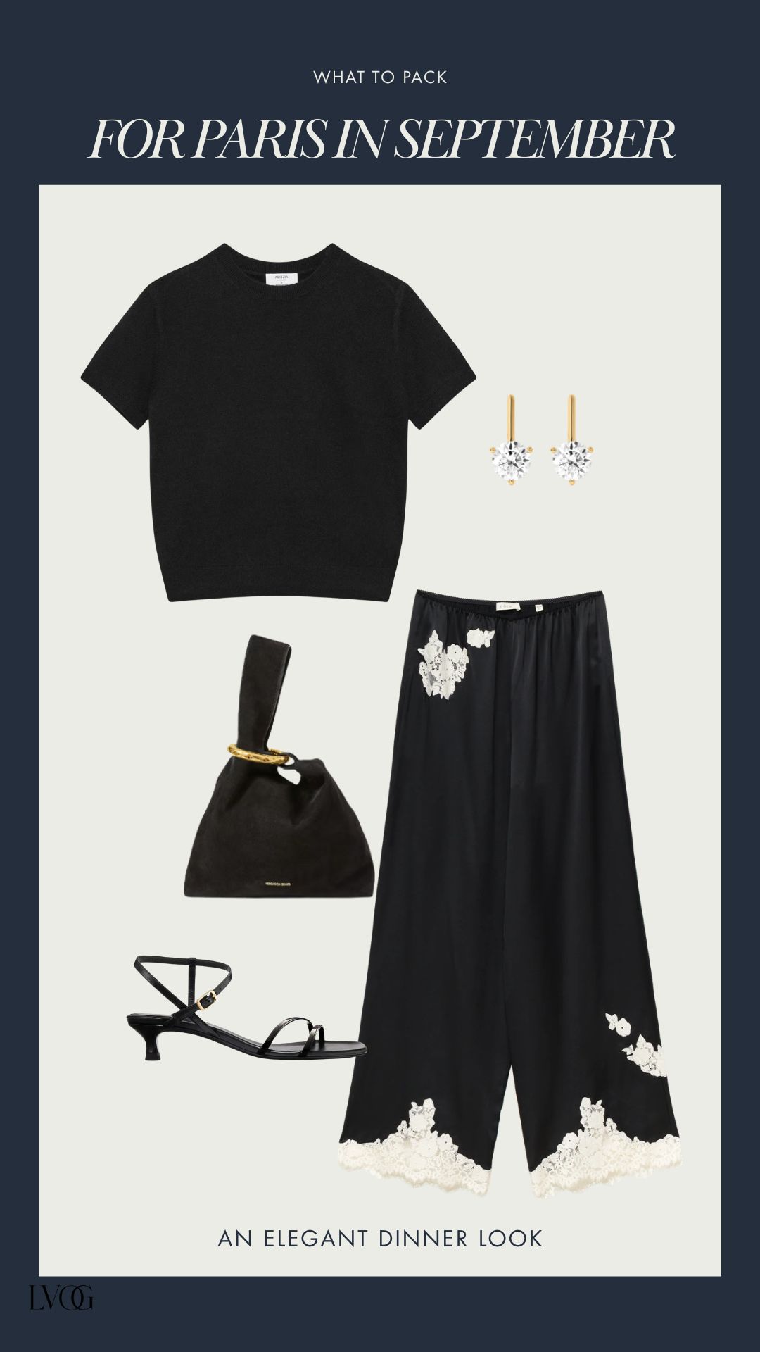 Elegant Paris dinner outfit with a black knit tee, lace-trim silk trousers, kitten heel sandals, and a suede bag.