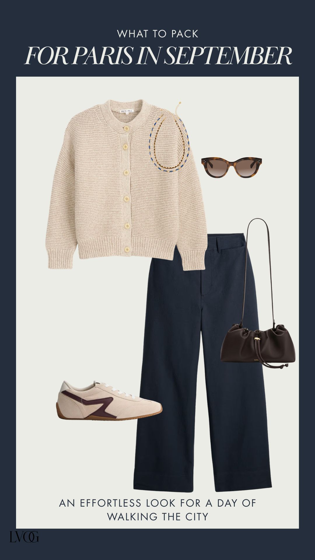 Effortless Paris walking outfit with an oatmeal cardigan, navy trousers, sneakers, and a brown crossbody bag.
