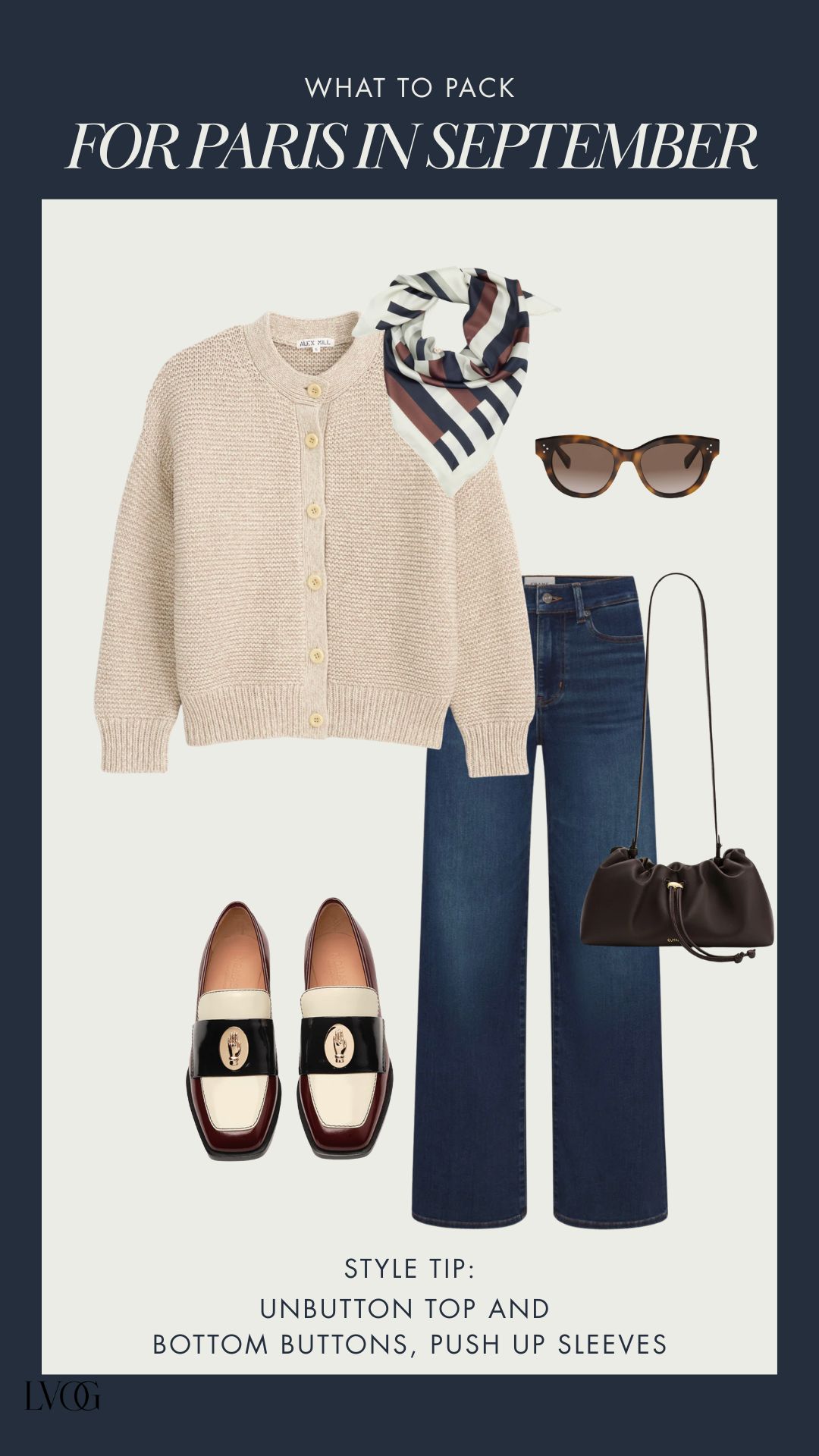French style Paris outfit with an oatmeal cardigan, silk scarf, dark denim, and burgundy loafers.