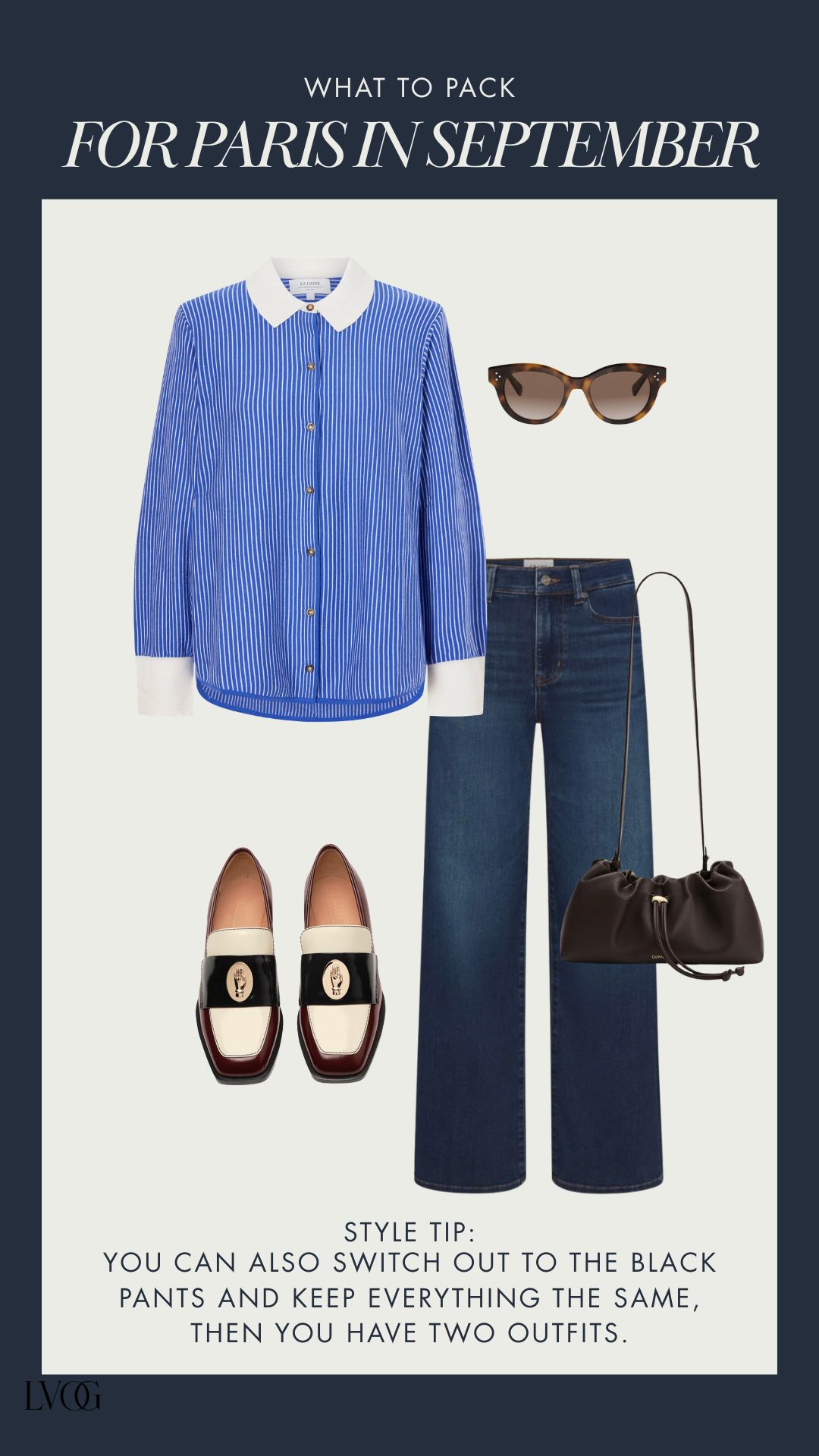 Paris September outfit with a blue striped shirt, dark wide-leg denim, burgundy loafers, and a brown bag.