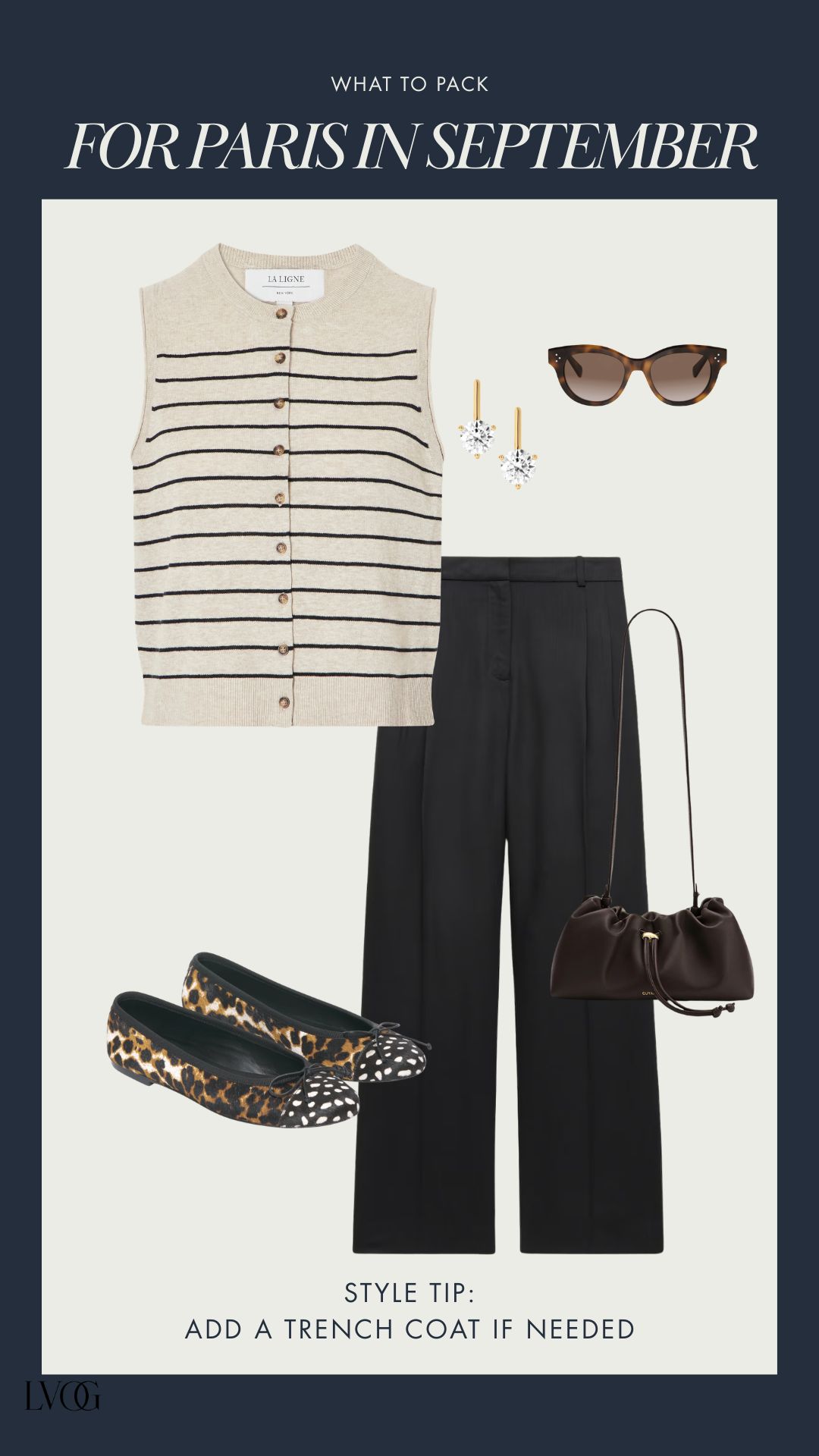 Chic Paris outfit with a striped sweater vest, black trousers, leopard ballet flats, and gold earrings