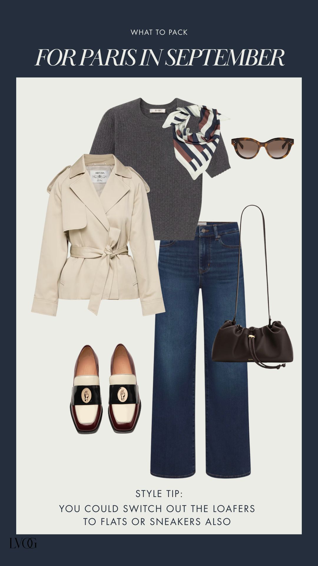 Paris in September outfit layering a trench coat over a grey knit with a silk scarf, dark denim, and loafers.