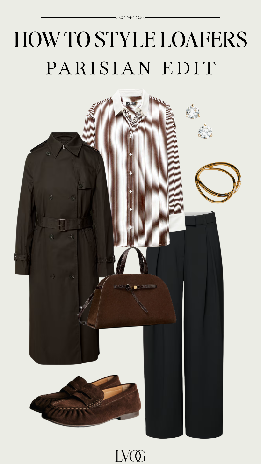 Brown trench, stripe blouse, and black trousers with brown suede loafers, elevated Parisian outfit