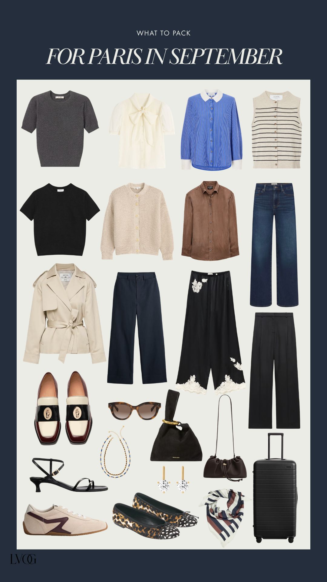 What to pack for Paris in September: a neutral capsule wardrobe of sweaters, blouses, trousers, denim, a trench coat, and flats.