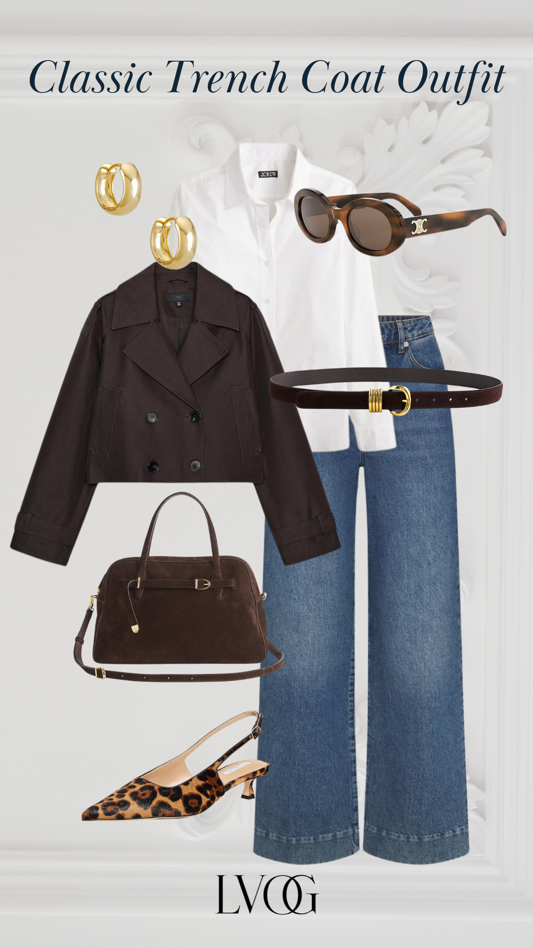 “Cropped dark trench with white shirt, straight blue jeans, leopard slingbacks, brown suede bag.”