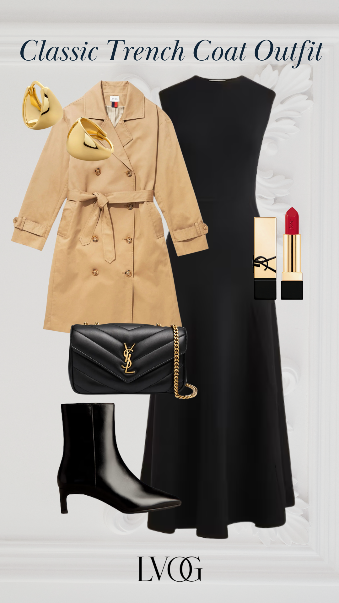 “Camel trench layered over black midi dress with black ankle boots, quilted bag, red lipstick.”