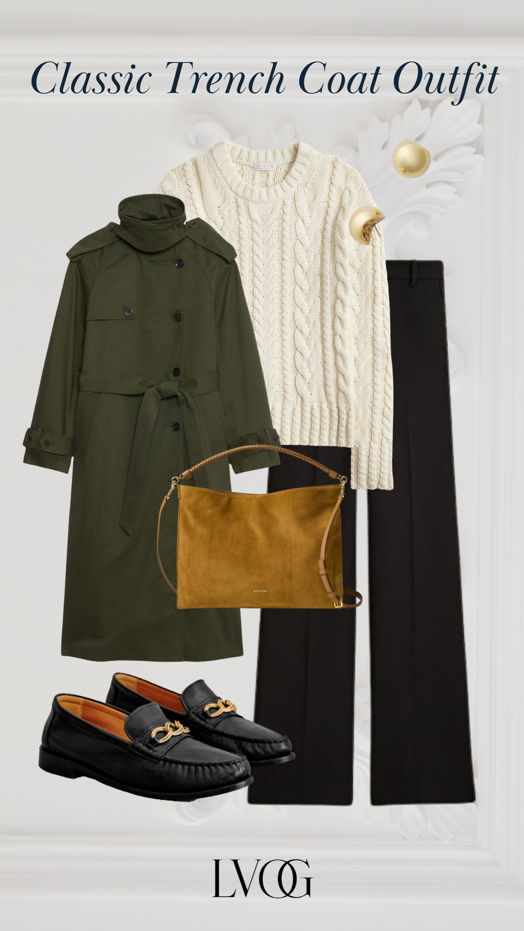 “Olive trench with cream cable-knit sweater, black trousers, loafers, tan suede bag.”