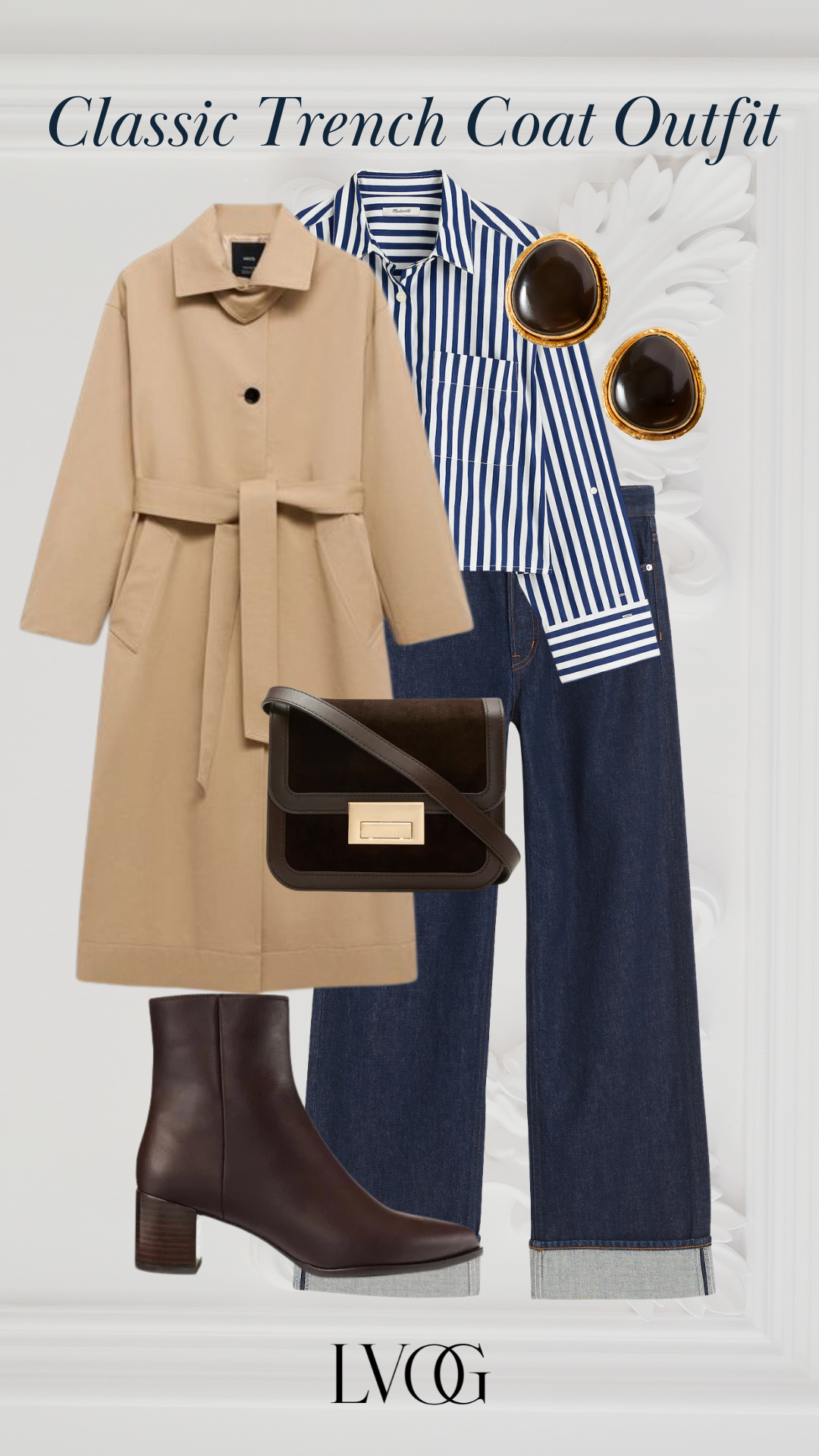 “Minimal camel trench with blue striped shirt, cuffed dark denim, brown block-heel boots, small crossbody.”