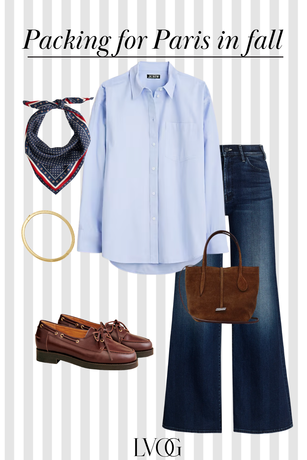 Graphic of denim with loafers and blue button down.
