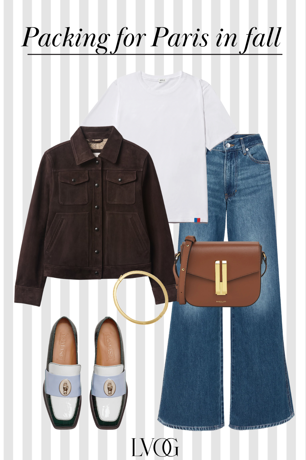Wide leg denim with suede jacket and loafers.