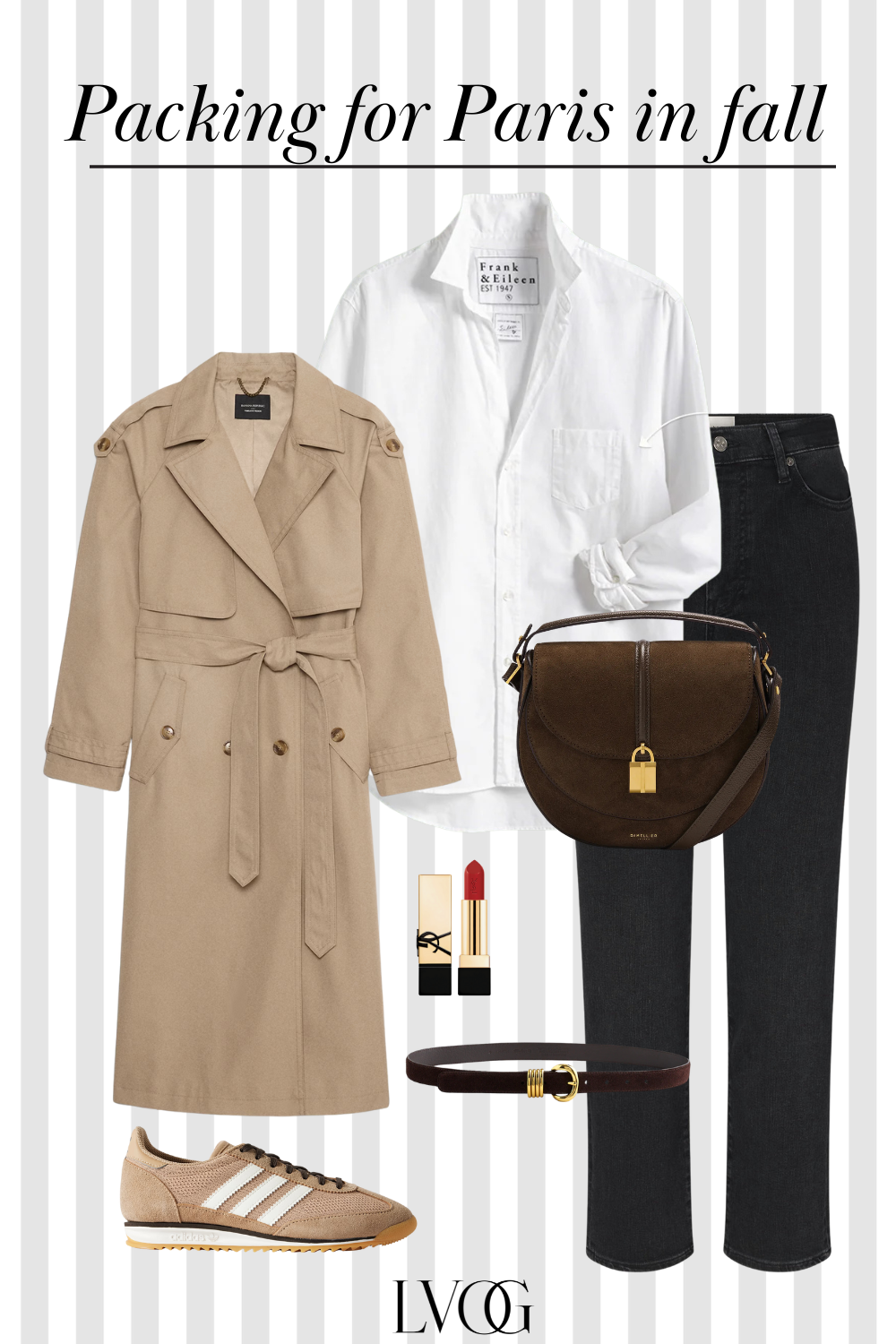 Graphic of packing for Paris in fall with trench coat and denim and sneakers.
