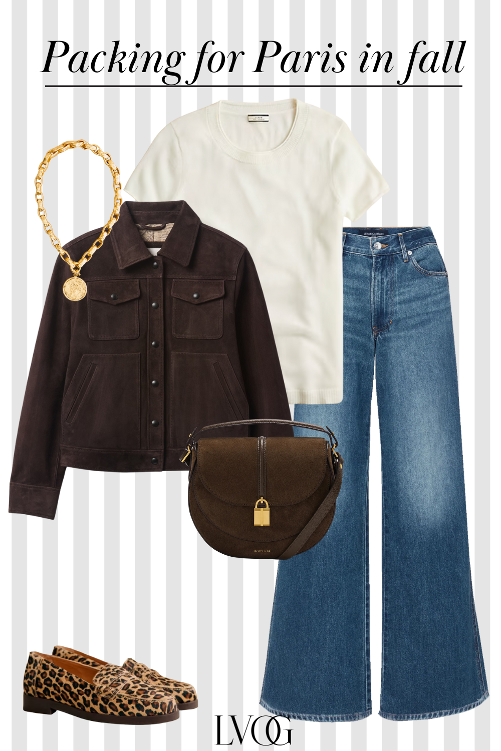 Graphic of suede jacket with loafers, denim, and handbag to wear in paris in autumn.