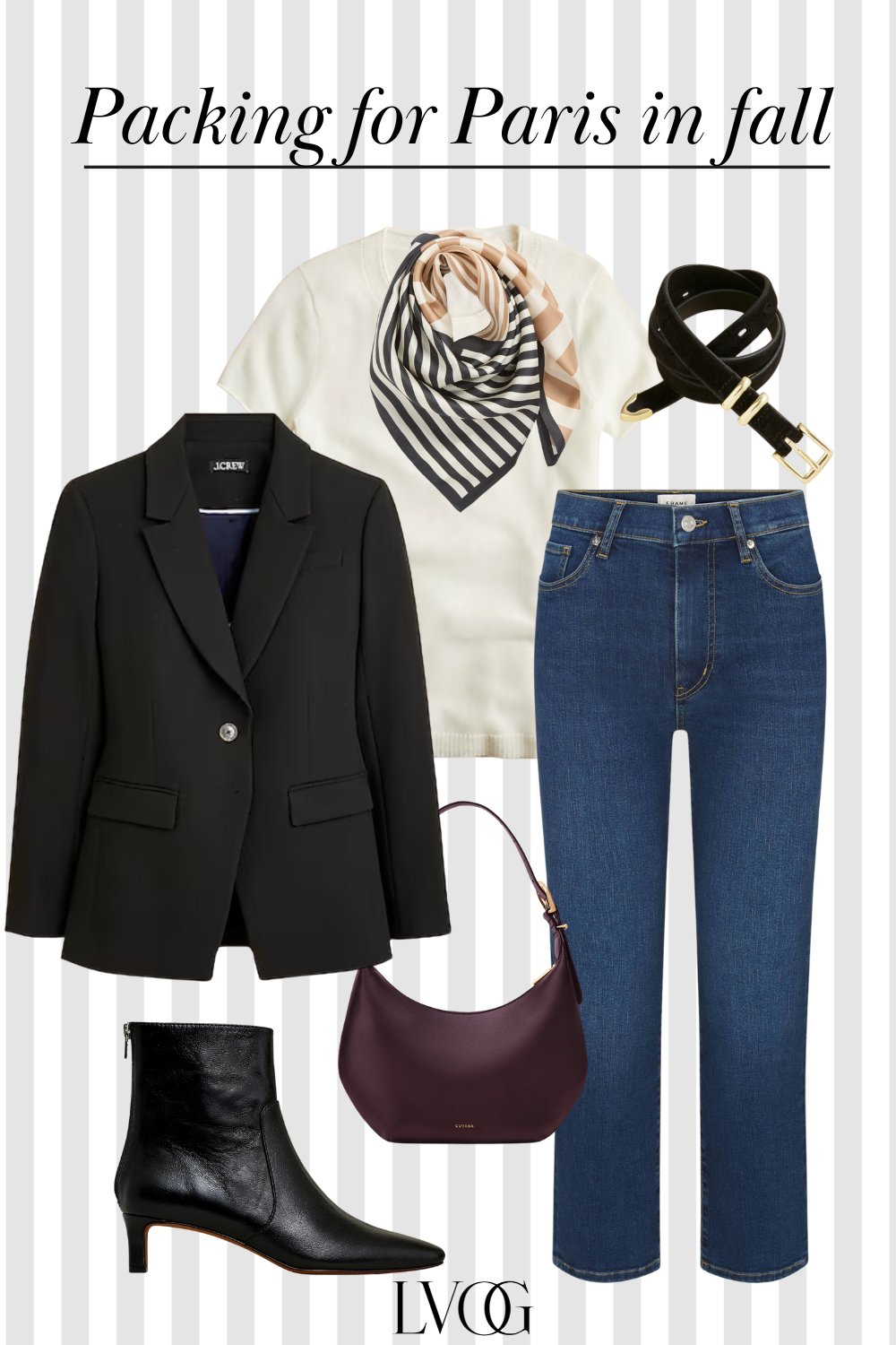 Black blazer with denim, burgundy bag, scarf, and black boots to wear in Paris.