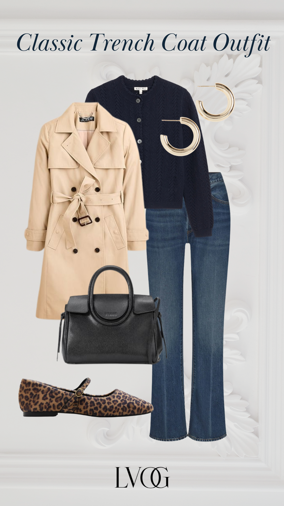 “Camel trench with navy cardigan, slim blue denim, leopard Mary Jane flats, black top-handle bag.”