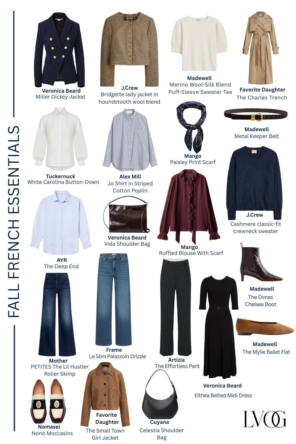 Graphic of french fall essentials to wear this fall and autumn season.