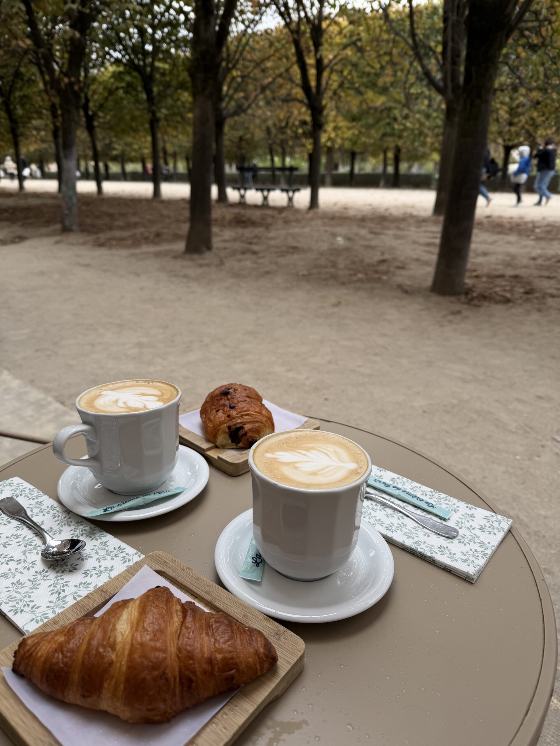 Coffee and croissants in a Paris garden during autumn