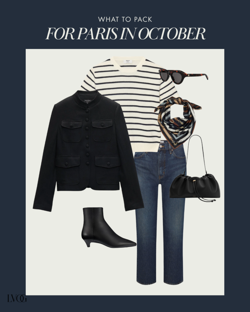 Paris in October outfit with a black jacket, Breton striped tee, denim, ankle boots, and a silk scarf.
