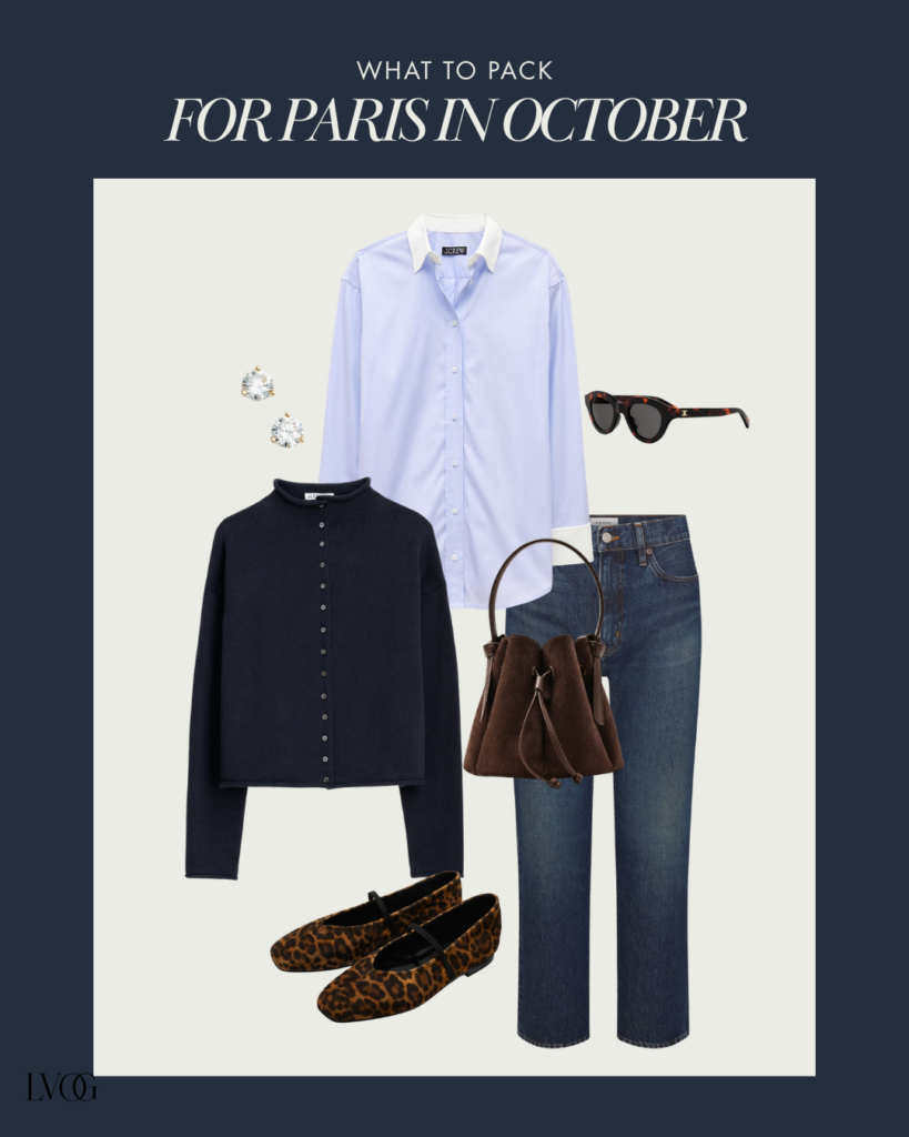 Paris in October outfit with a blue button-down shirt, navy cardigan, straight-leg denim, and leopard ballet flats.