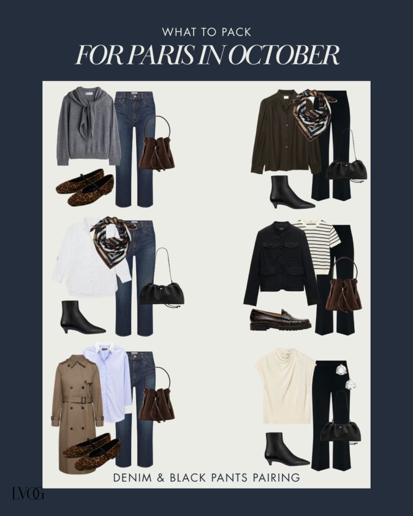 Six Paris in October outfit ideas pairing denim and black trousers with sweaters, a trench coat, boots, and loafers.