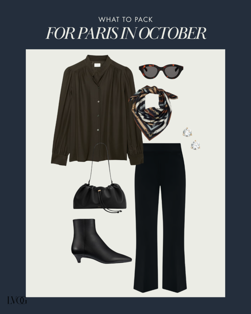 Paris in October outfit with an olive green blouse, black trousers, kitten-heel ankle boots, and a silk scarf.