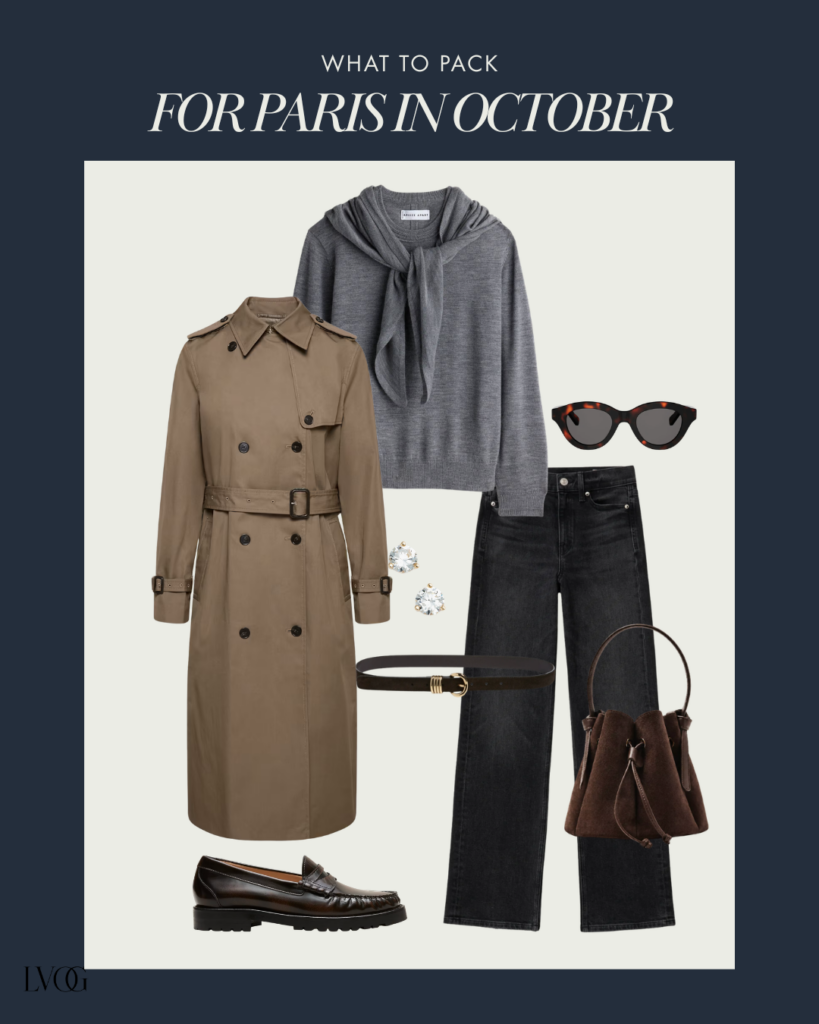 Paris in October outfit with a camel trench coat, grey sweater, black jeans, and brown loafers.