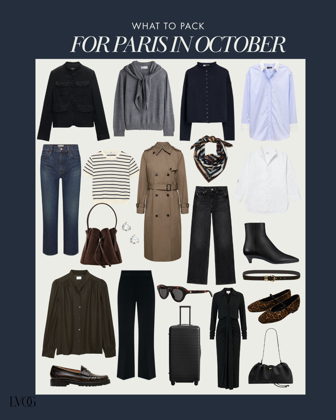 What to pack for Paris in October: a neutral capsule wardrobe with a camel trench coat, striped tee, denim, trousers, and boots.