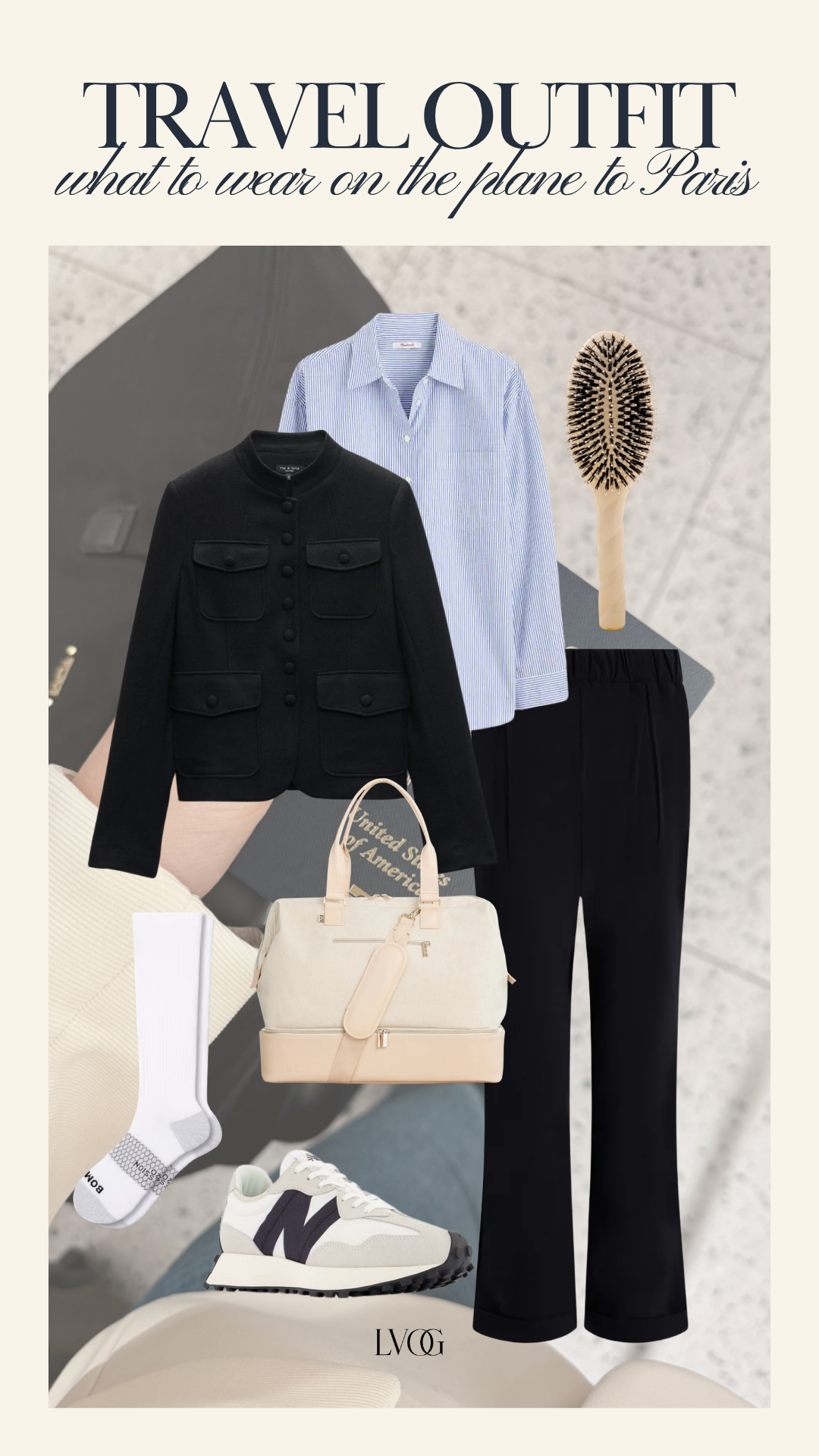 Black utility jacket with blue stripe shirt, wide-leg black pants and cream bag — chic plane outfit for Paris.