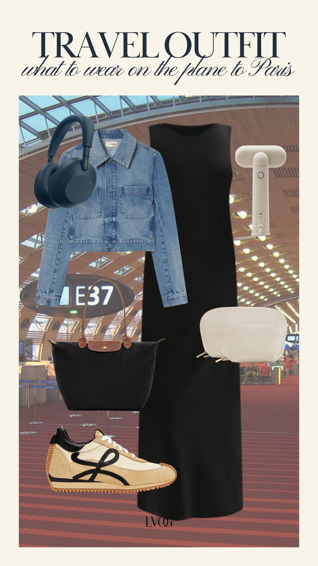 Black maxi dress with denim jacket, Loewe sneakers and Longchamp tote — what to wear on a flight to Paris