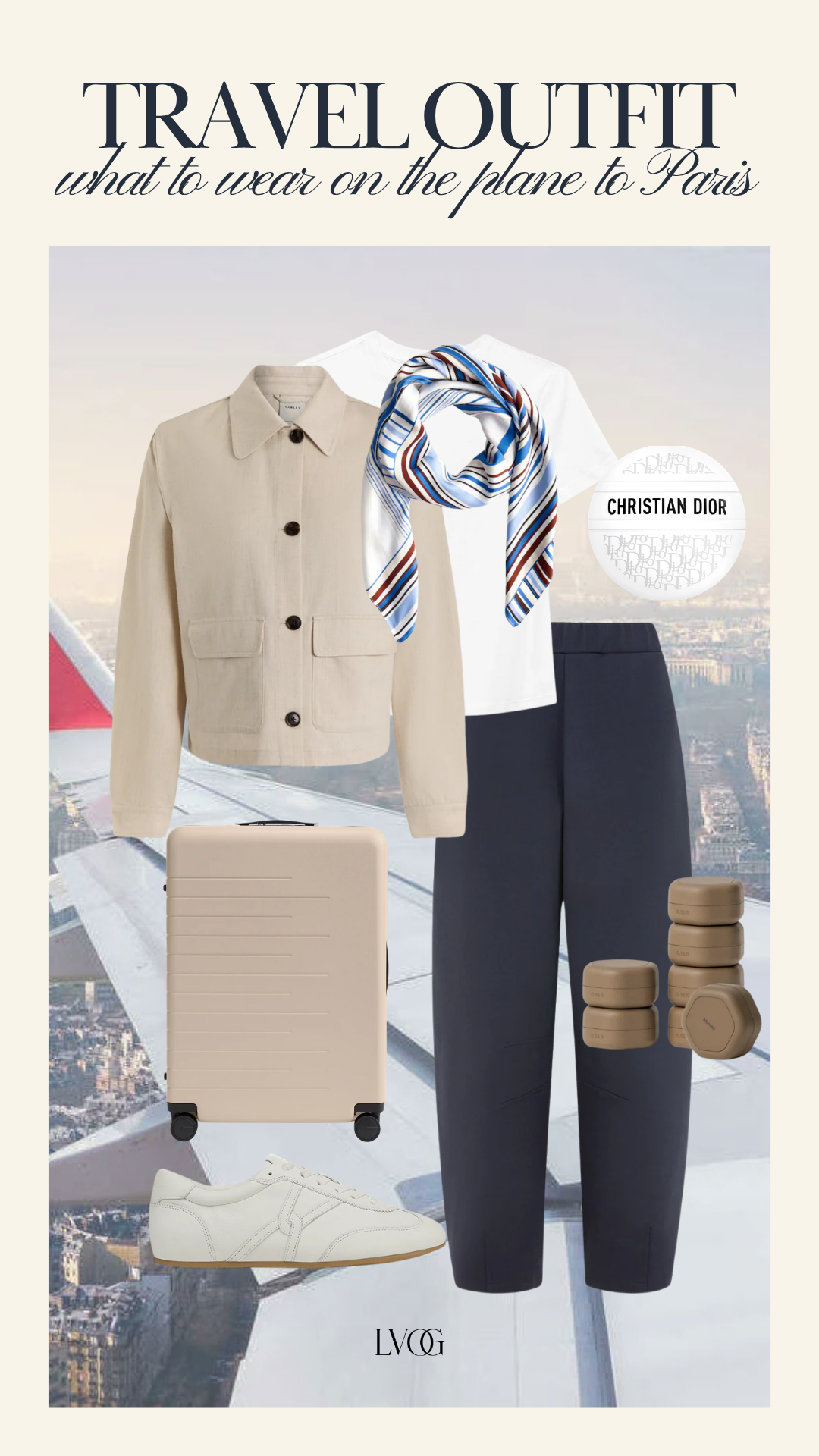 Cream chore jacket, silk scarf, white tee and navy trousers — travel outfit for Paris flight