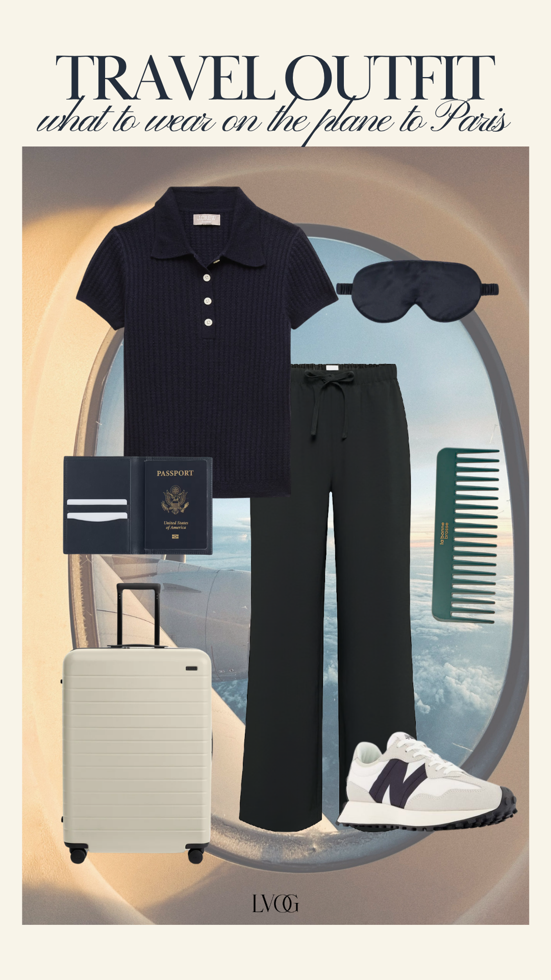 Navy ribbed polo top with black wide-leg pants and New Balance sneakers — comfortable chic plane outfit for Paris