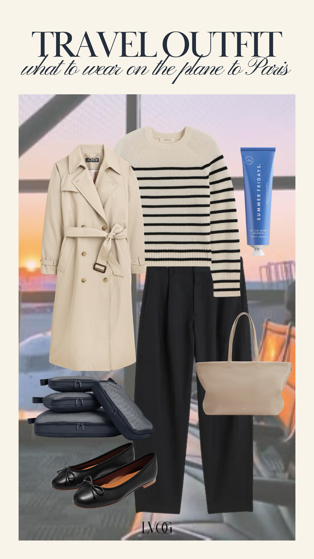 Cream trench coat, Breton stripe sweater, black trousers and ballet flats — what to wear on the plane to Paris