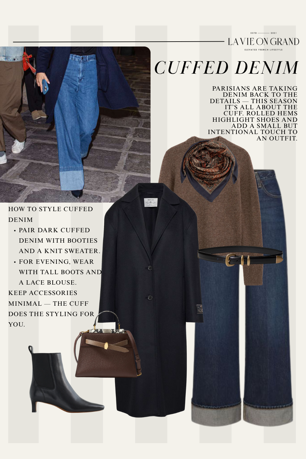 graphic of wool coat, denim, cashmere sweater and handbag.