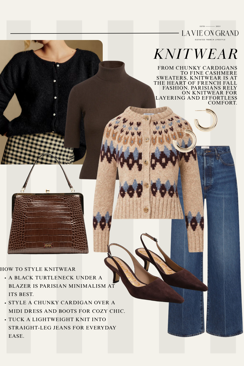 Fair isle cardigan sweater with slingbacks, handbags and wide leg denim to wear in Paris in fall and winter.