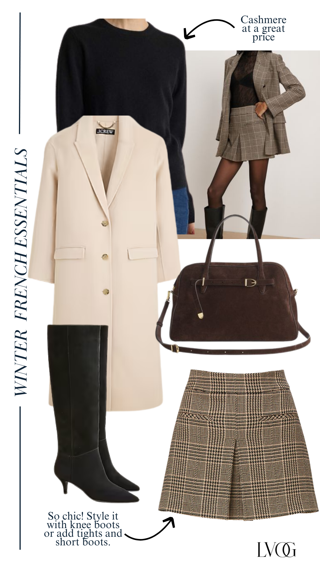 Graphic of cream coat with purse, mini skirt, and tall boots for french inspiredwinter look.