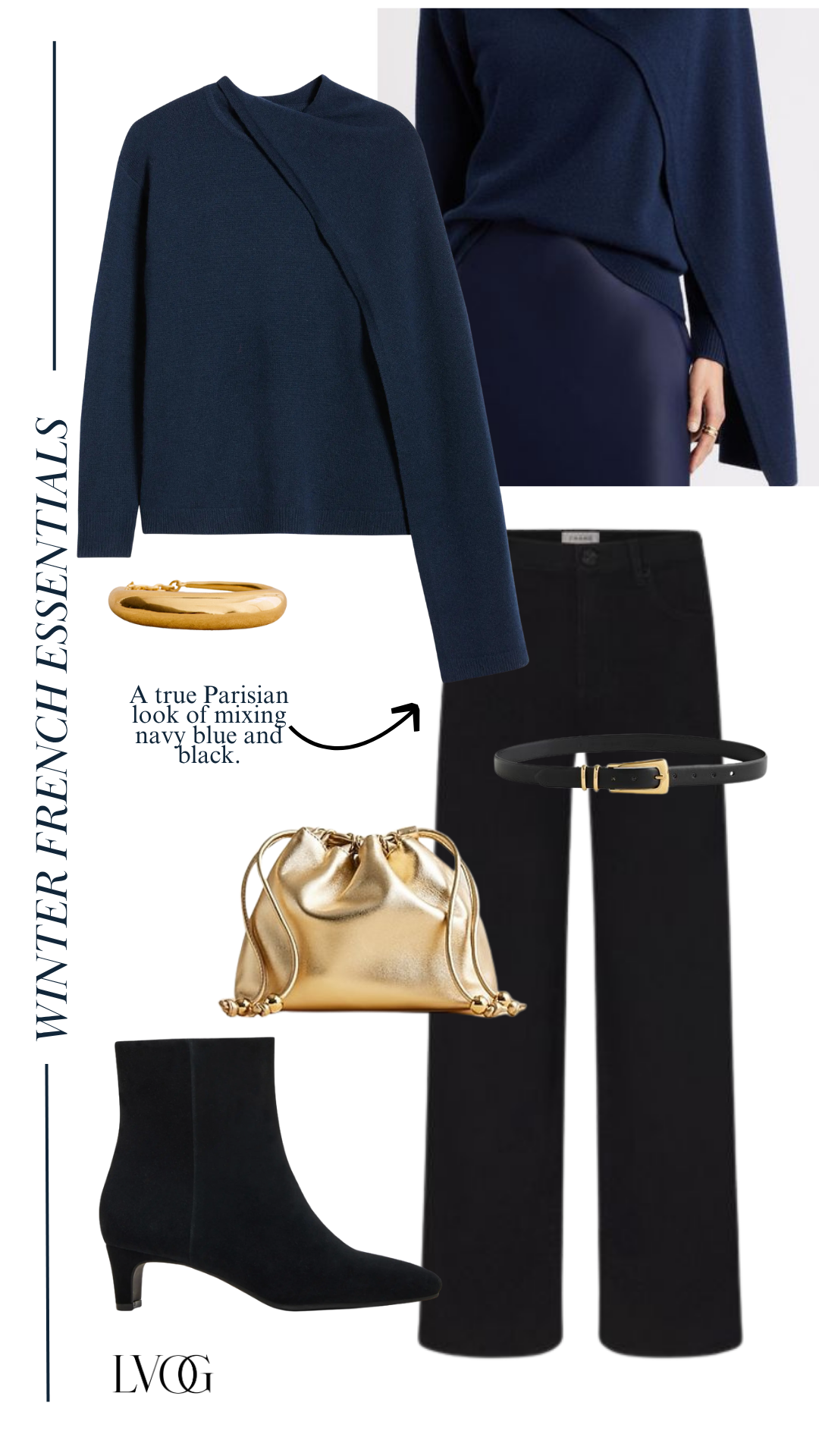 Navy sweater with black jeans, gold bag, belt, and black boots.