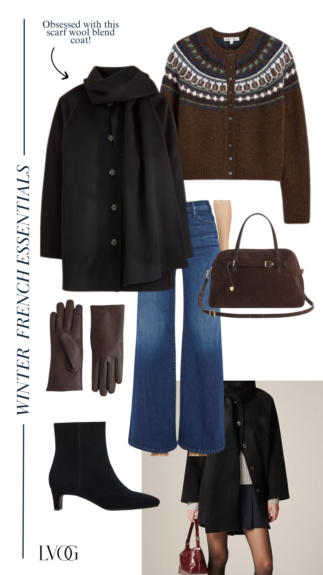 Graphic of black coat, brown purse, brown gloves, fair isle sweater to wear in Paris in winter.