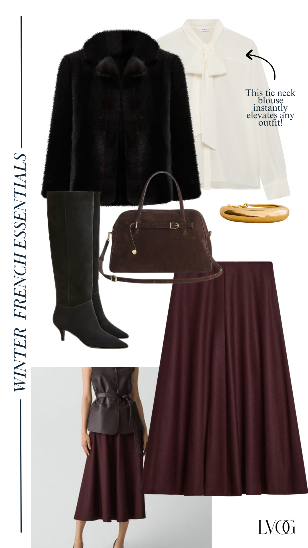 Burgundy skirt with tall boots, fur coat, and cream blouse for winter.