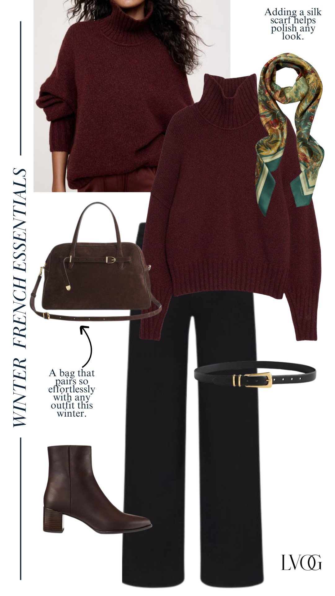 Burgundy sweater with scarf, denim, belt, and bag to wear in paris in winter.
