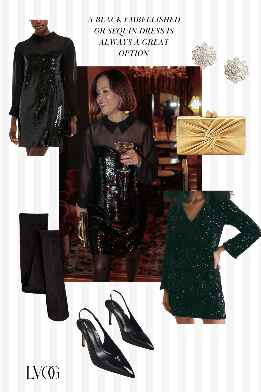 Woman wearing sequin black dress with champgane for a chic french party outfit.
