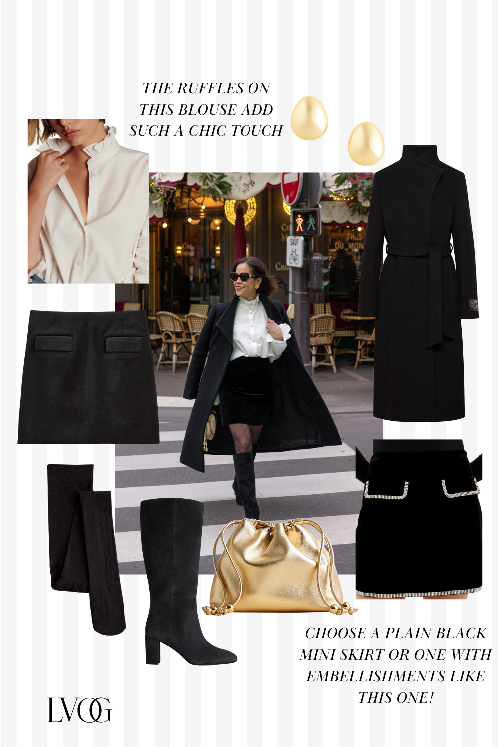 Woman wearing black skirt walking across the street in Paris for a french party look.