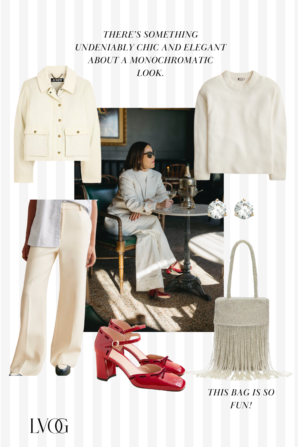 Woman wearing cream sweater with pants and sweater.