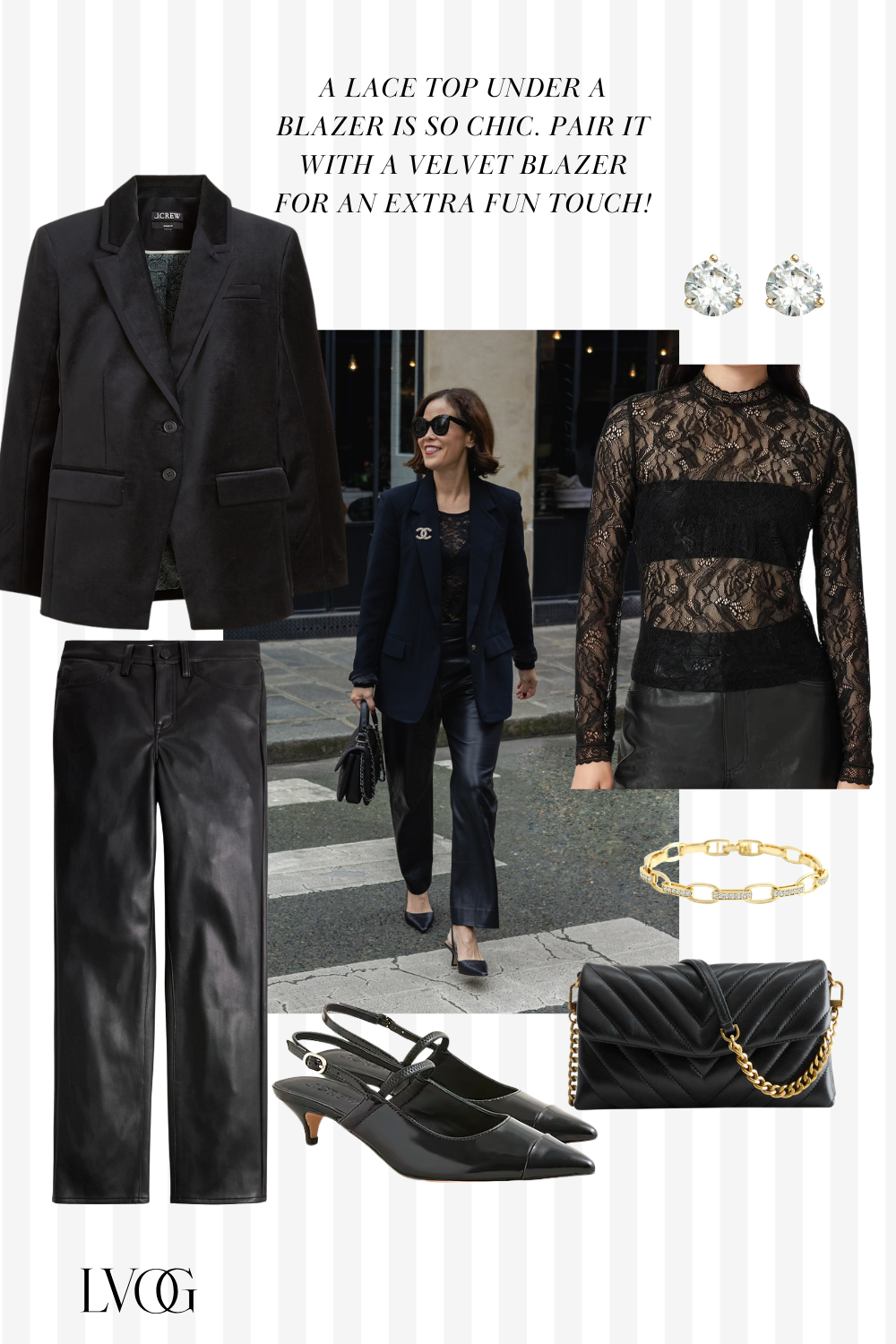 Woman wearing black blazer and leather pants walking in Paris.