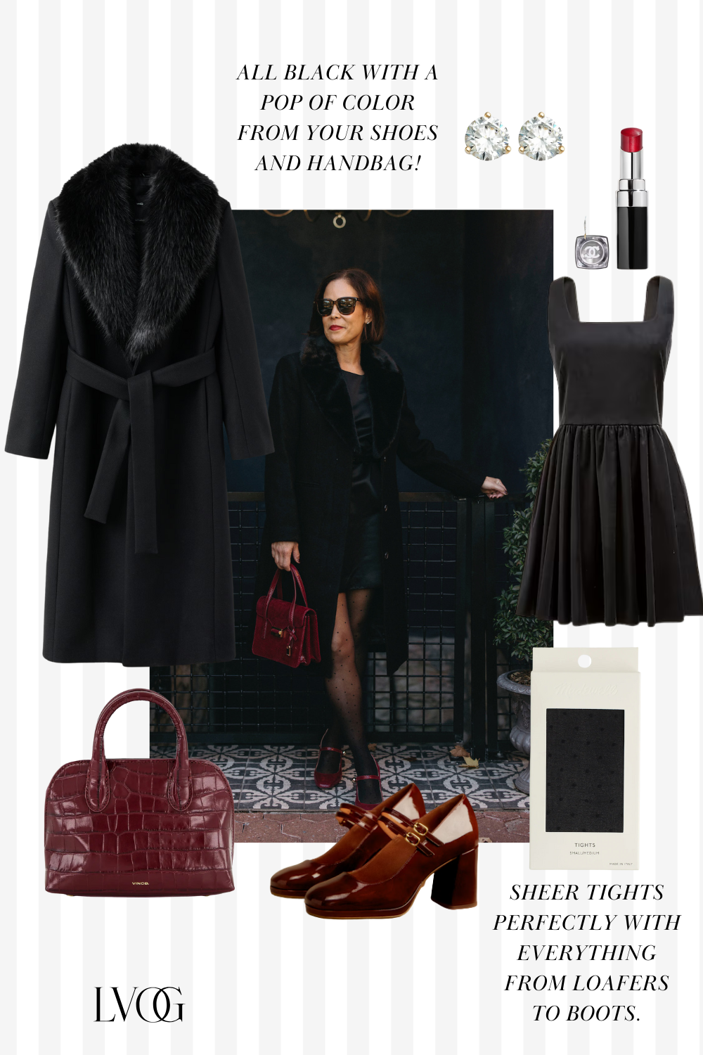 Graphic of woman with black coat, red shoes, and bag for a chic french party outfit.