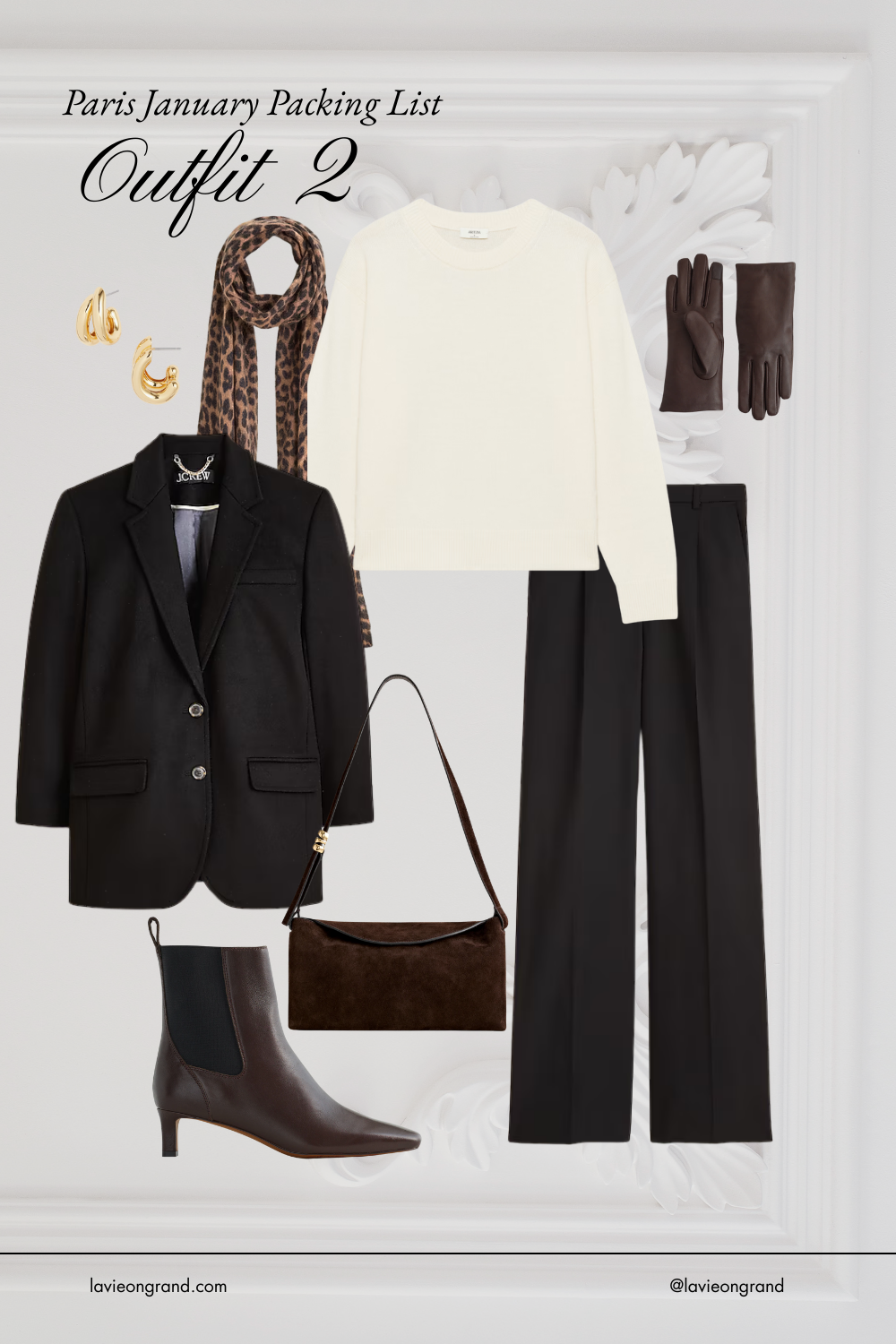Graphic of black blazer with black pants and boots for what to pack and wear in Paris.